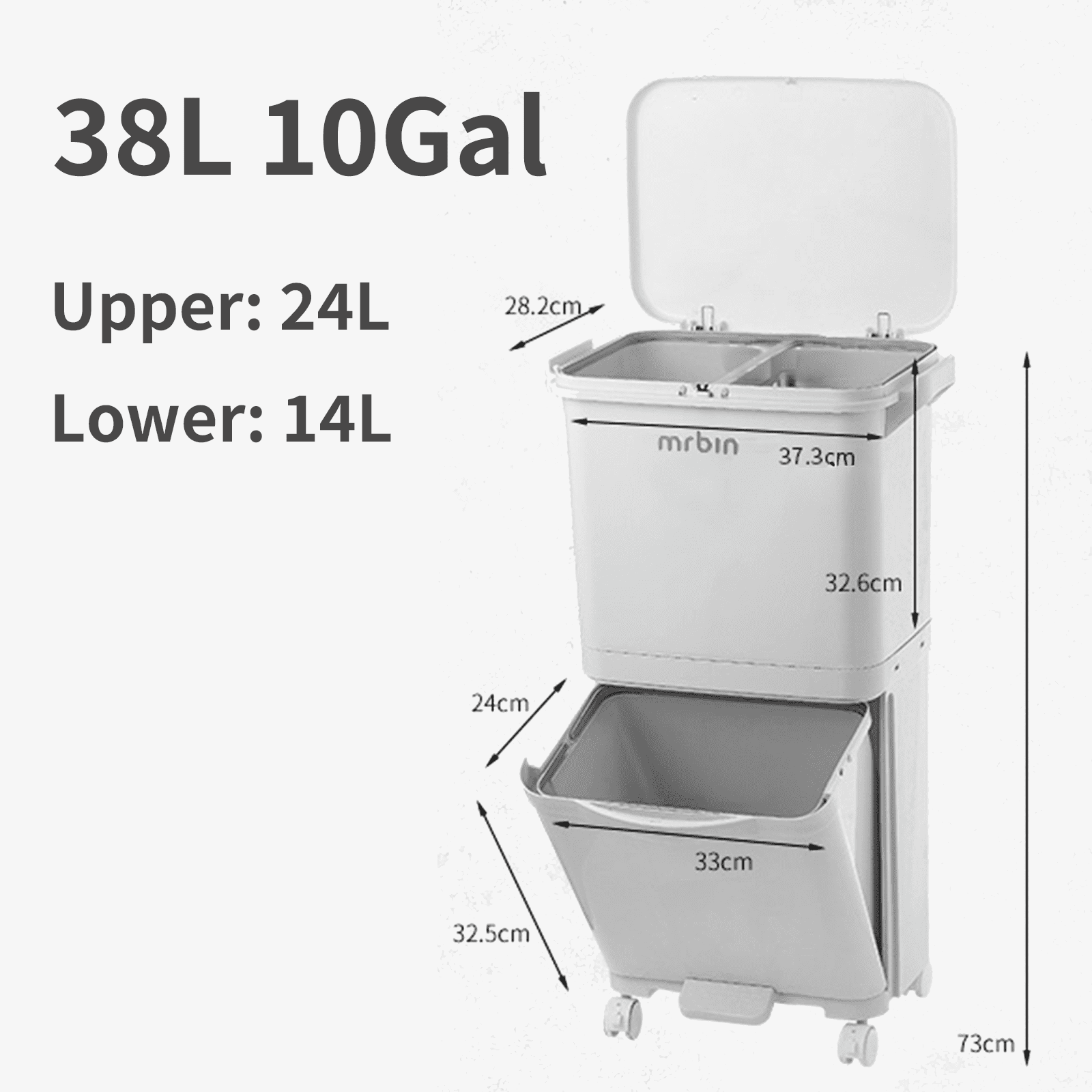 MRBIN Double Trash Can Kitchen with Wheels, 38L / 10 Gallon (24+14L), 2 Layer Large Garbage Can with Lid Recycle Bin Combo Compartment Kitchen Waste Bin, Beige
