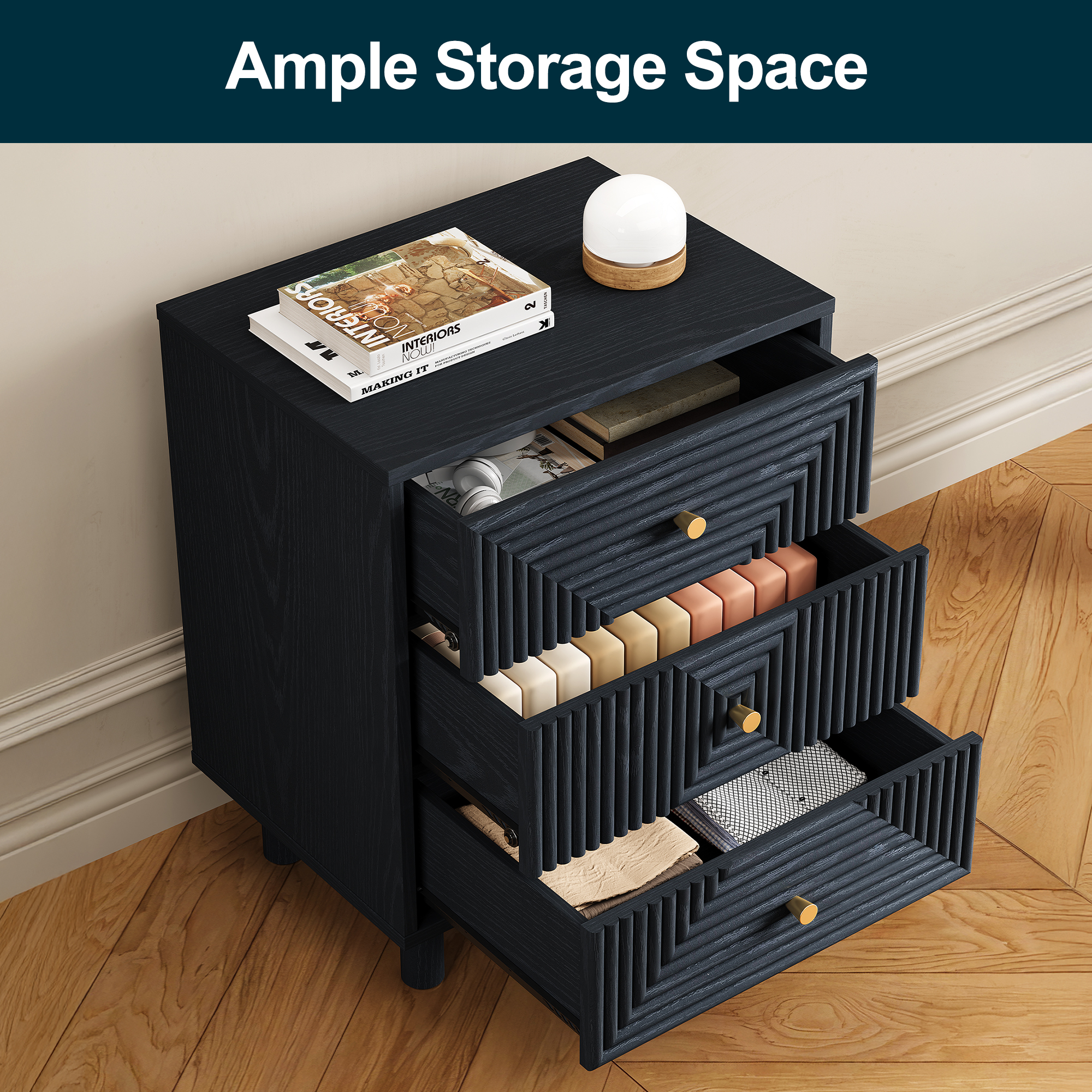 Heynemo Nightstand with 3 Drawers Set of 2, Modern Chest of Drawers for Bedroom, Living Room, Entryway, Black