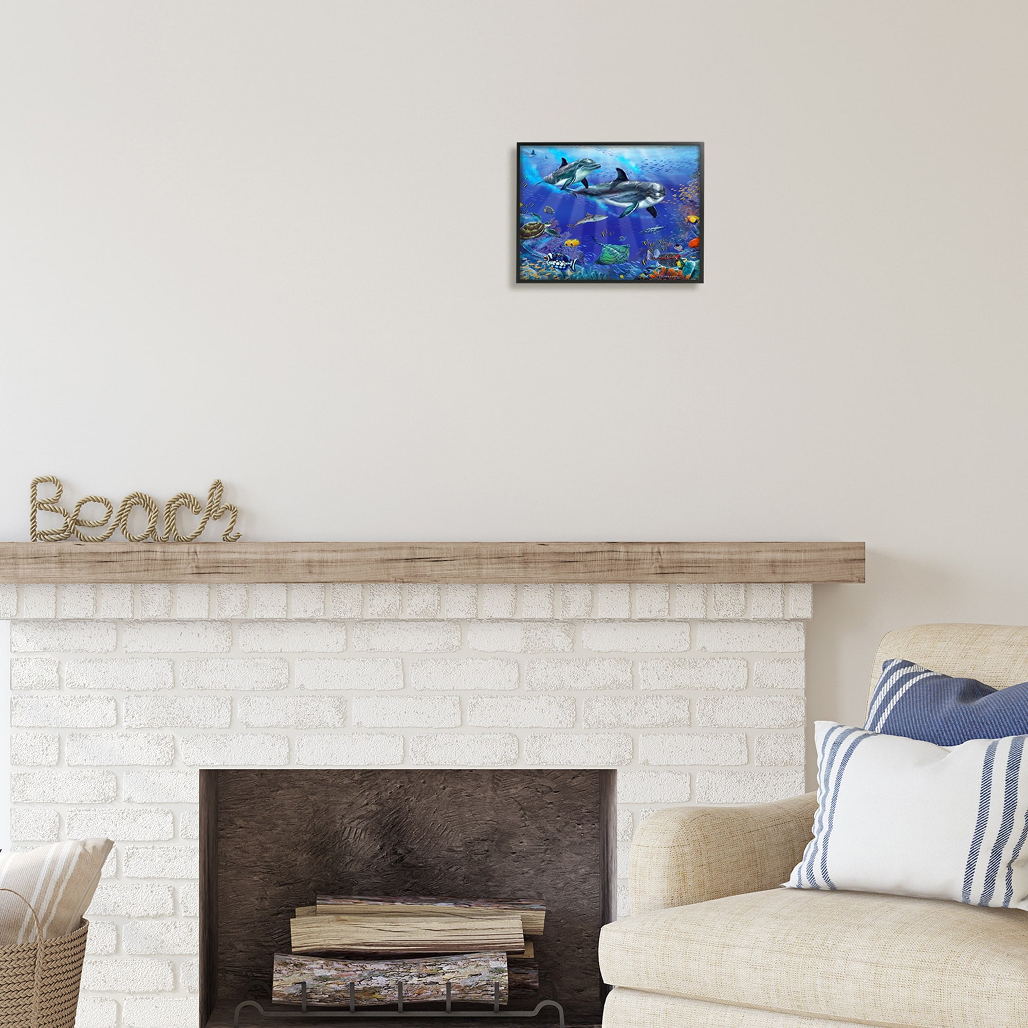 Stupell Industries Underwater Sea Life Scene Dolphins Coastal Painting Black Framed Art Print Wall Art