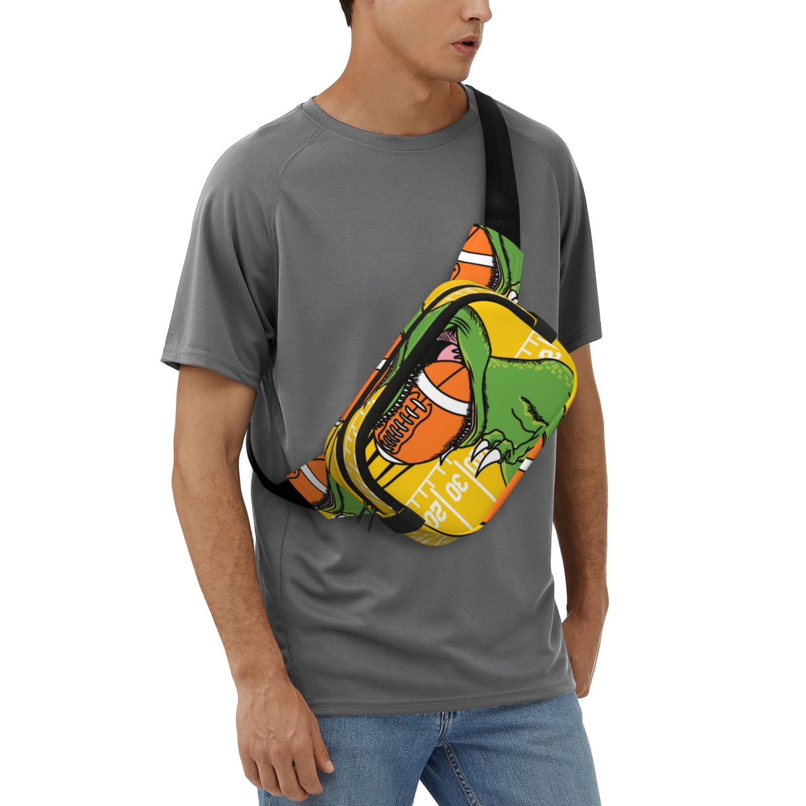Picia T-Rex Playing Football Print Square Double-Layer Waist Bag Mini Adjustable Waist Belt Bag Exercise Running Travel Hiking