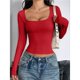 thumbnail image 5 of Camisas de Larga para Mujer, Tops Cortos, Cuello Cuadrado, Camisetas Básicas para Salir, Ropa de Invierno Y2K 2025 Rojo S, 5 of 7