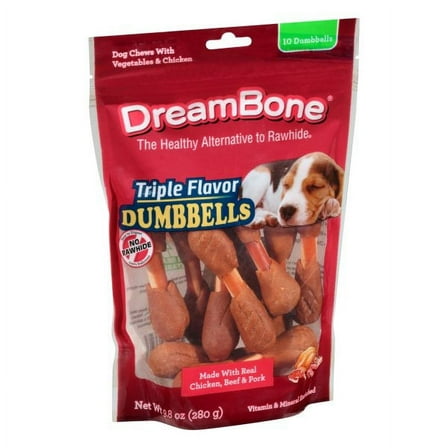 DreamBone Triple Flavor Dumbbells Rawhide-Free Chews for Dogs, Made with Chicken, 10 Count