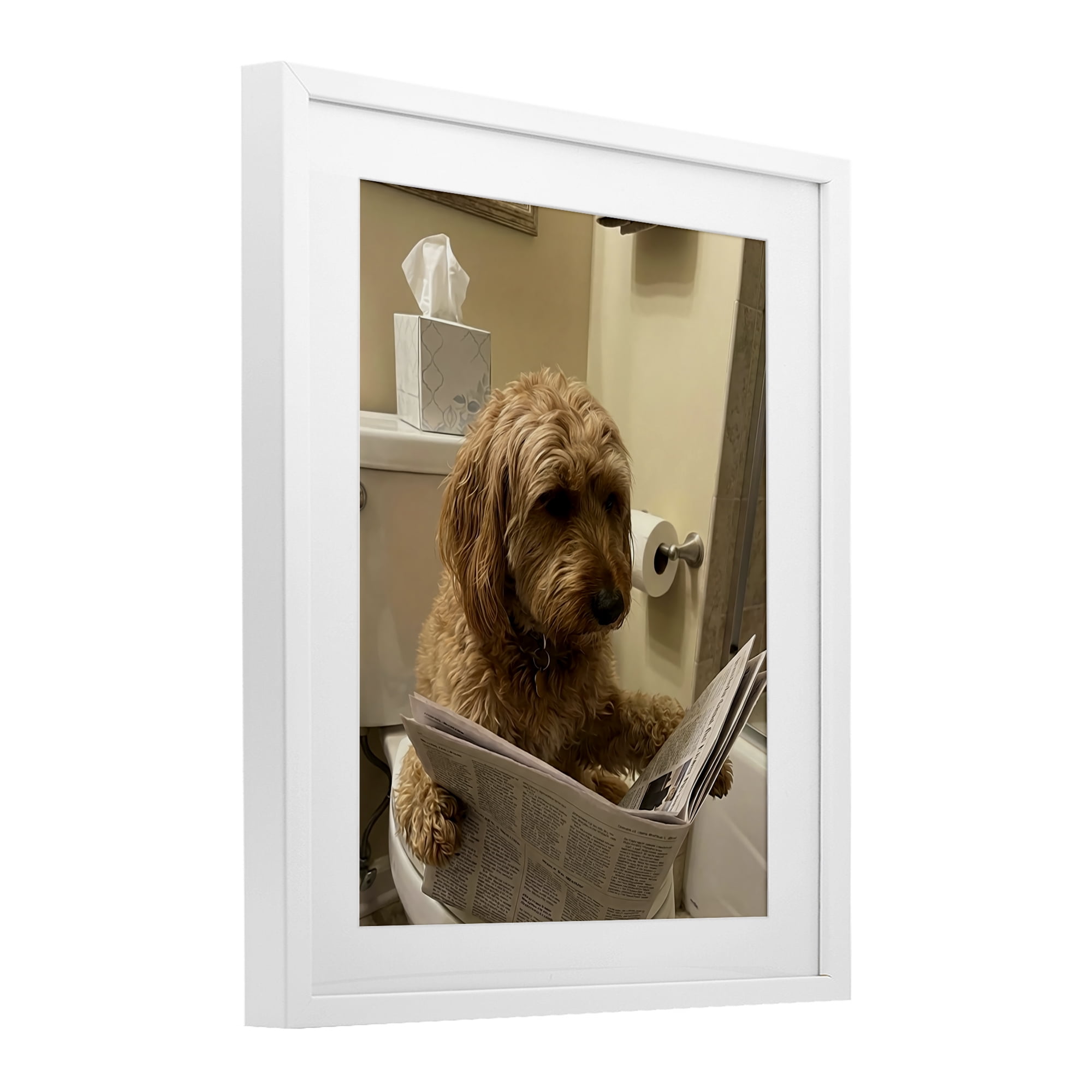 Stupell Industries Dog & Paper on Toilet White Framed Print Under Glass, design by Abigail Walker