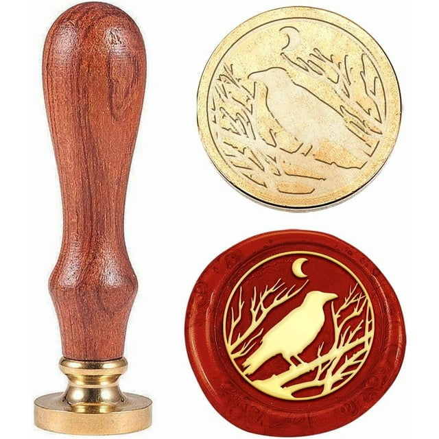 Sello de lacre con diseño de ramas de cuervo (1 unidad). Sello de lacre vintage de 30 mm con cabeza de latón extraíble y mango de madera. Ideal como regalo de Navidad.