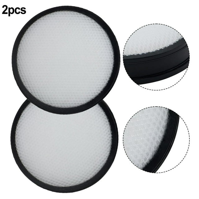 Lot de 2 Filtres Compatibles avec HART Aspirateur-Balai Sans Fil 20 Volts Modèle HPSV01. l'Image Montre Deux Filtres Ronds de Rechange avec une surface en Maille Blanche et un Bord Extérieur Noir, Conçus pour Capter la Poussière fine, les Poils d'Animaux et Autres Polluants. des Vues Gros Plan Mettent en Valeur la texture en Maille durable et une construction Précise. Convient pour Maintenir des Performances d'Aspirateur Optimales en Réduisant la Poussière et les Allergènes dans l'Air.