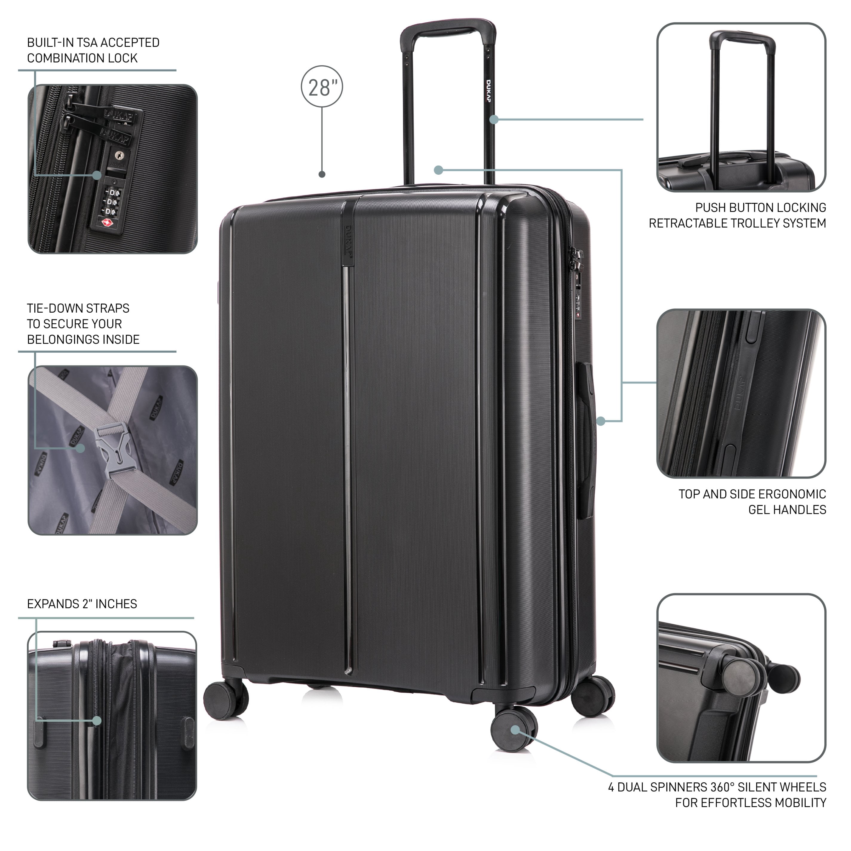 DUKAP AIRLEY 28" Lightweight Hardside Checked Luggage with Spinner Wheels, Handle and Trolley, Black