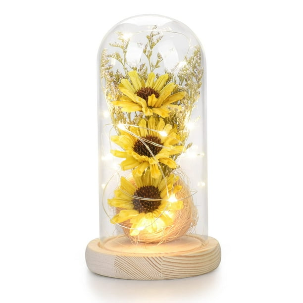 Girasoles artificiales en cúpula de cristal con tira LED para mujer