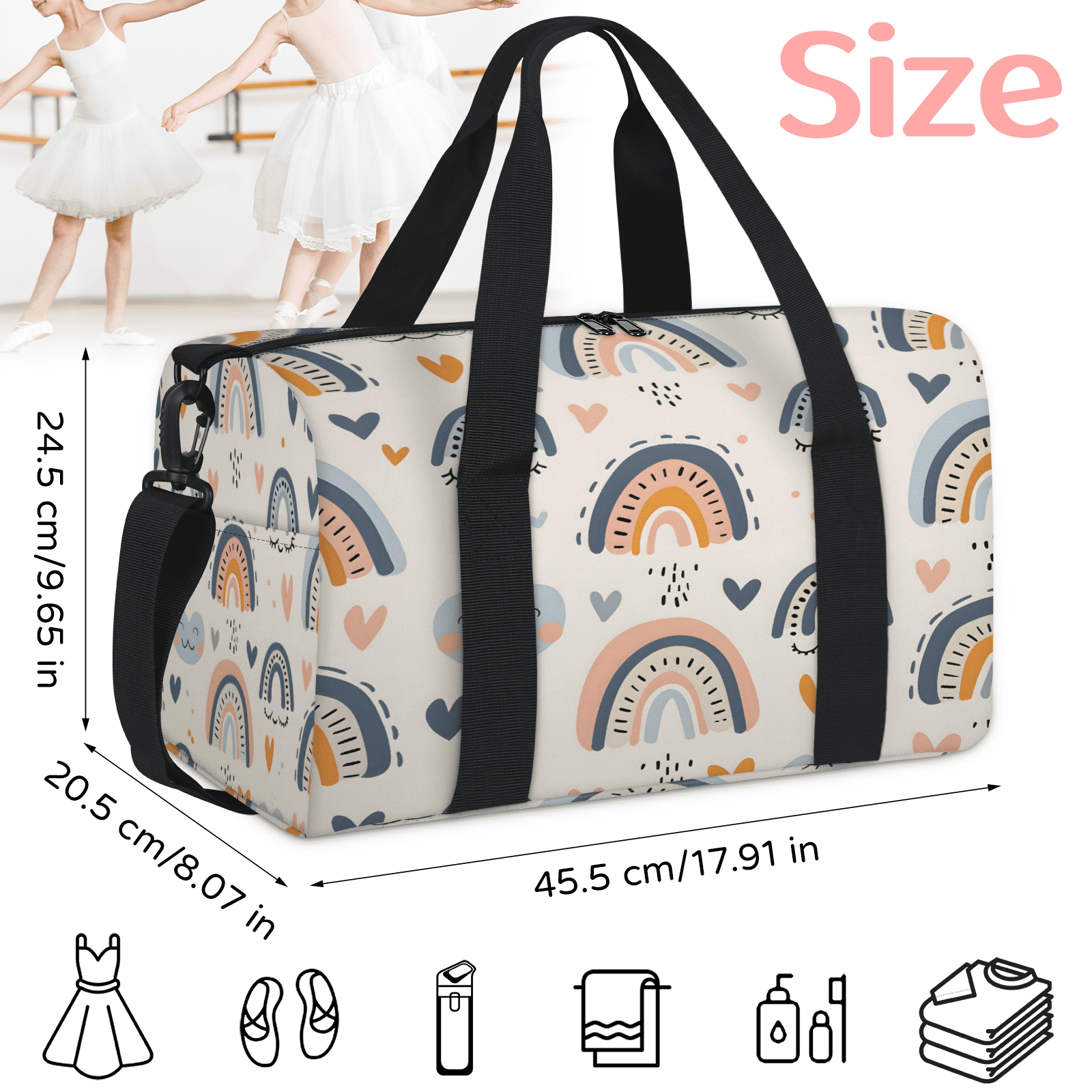 Herdesigns Rainbow Pattern Gym Bag for Women, Duffle Bag for Travel Sport, Lightweight Waterproof Carry on Weekender Overnight Dance Yoga Workout Bags