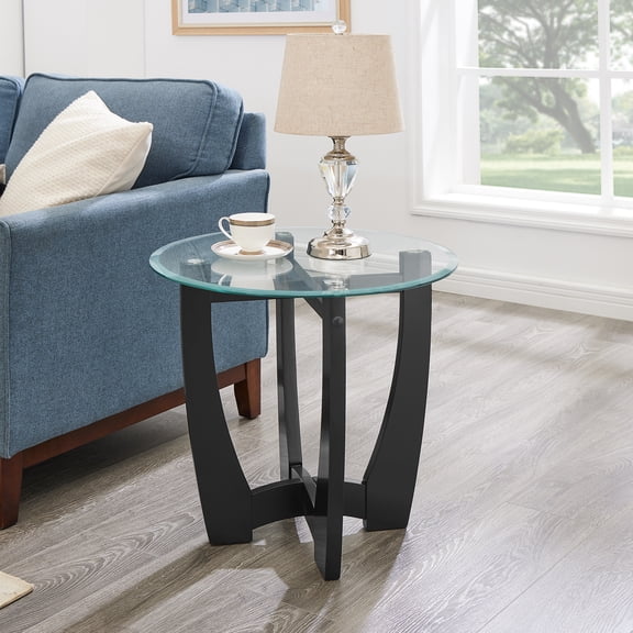 23.5 inch round glass coffee table, black round coffee table center table with glass top, small coffee table for living room, office and apartment