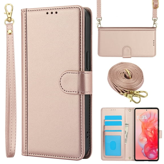 Crossbody Wallet Case Compatible for Motorola Moto G 5G (2024) Card Holder PU Leather Magnetic Snap Lanyard Wrist Strap Shockproof Full Body Protection Purse Phone Case, Rosegold