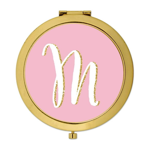 Koyal Wholesale Gold Compact Mirror Bridesmaid's Wedding Gift, Blush Pink Faux Gold Glitter, Monogram Letter M, 1-Pack