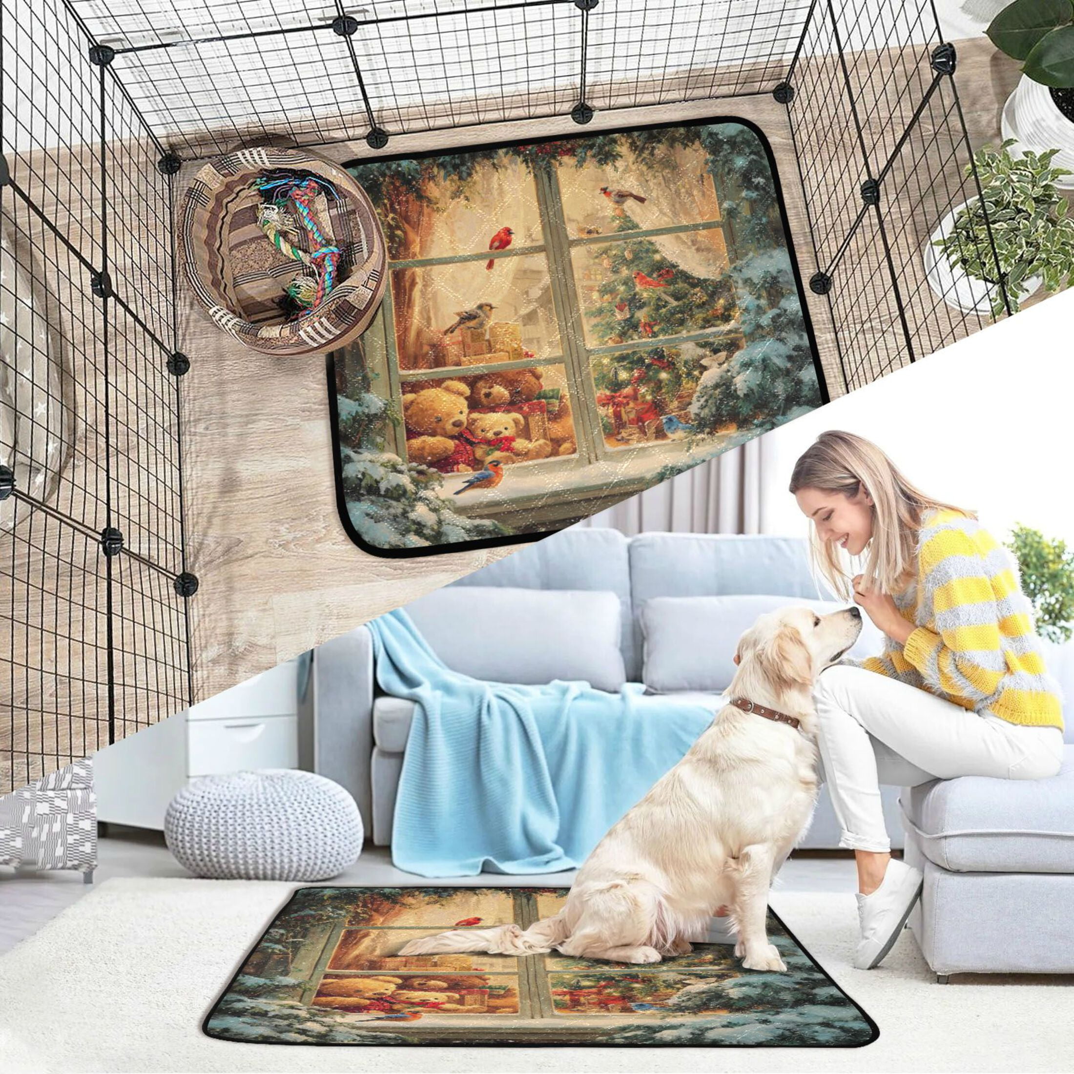 Qxltty Beautiful Christmas Window Cat litter Pads Pet Set of 2 Diaper Mats Center Anti-leakage Layer Absorbent Soft and Comfortable