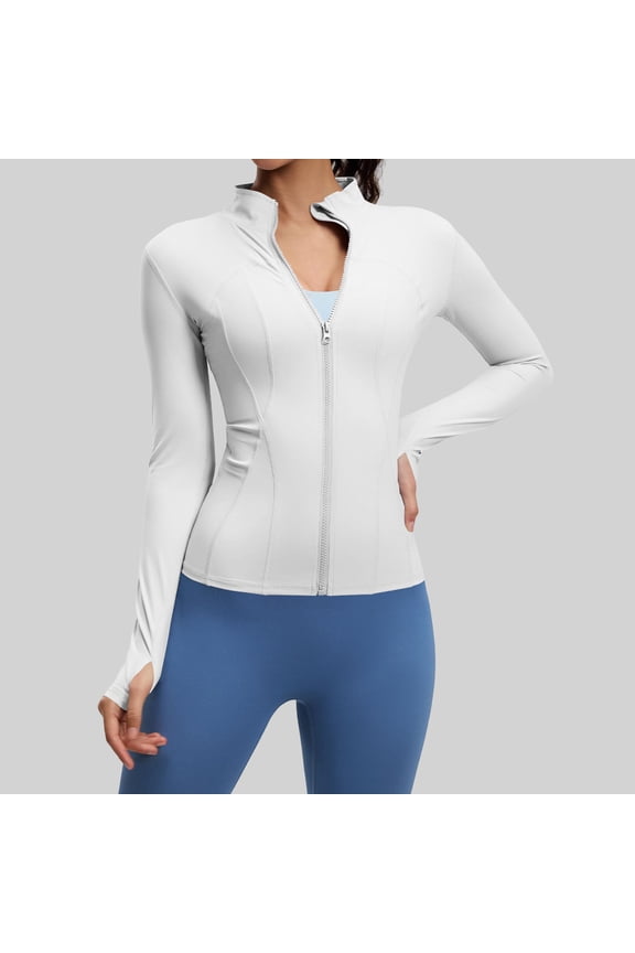 Women's UPF 50+ Sun Protection Jacket White Full Zip Athletic Jacket, Thumbhole Activewear, High Neck Stretch Workout Yoga Jacket,Size S