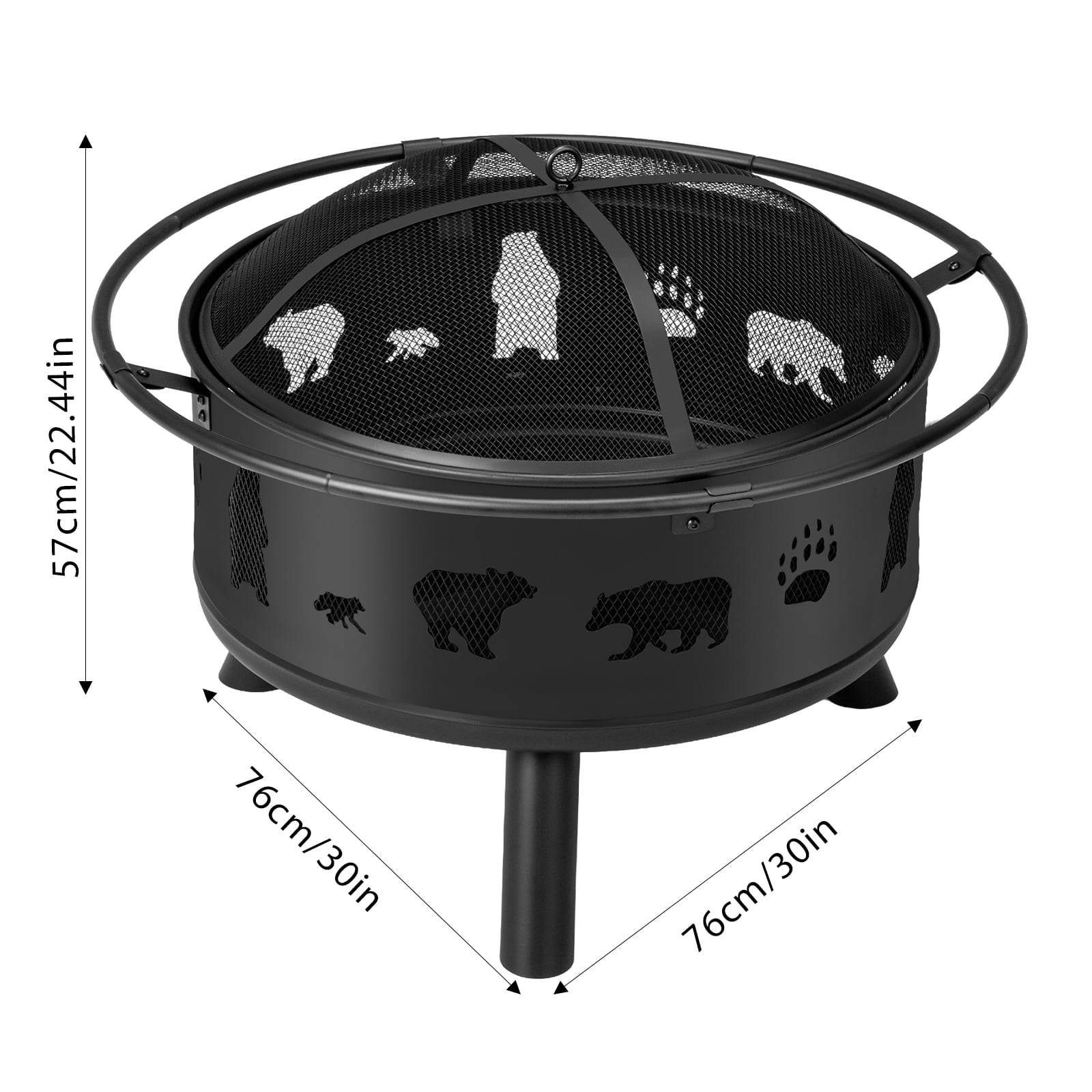 30 Inch Round Outdoor Wood Burning Fire Pit, Heavy Duty Wrought Iron Firepit with Hinged Spark Screen Lid & Lift Ring, Decorative Bear Cutout Patio Fire Pit for Backyard, Garden, Lawn and Camping