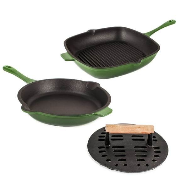 BergHOFF Neo 3pc Cast Iron Fry Pan & Grill Pan Set with Slotted Steak Press, Green