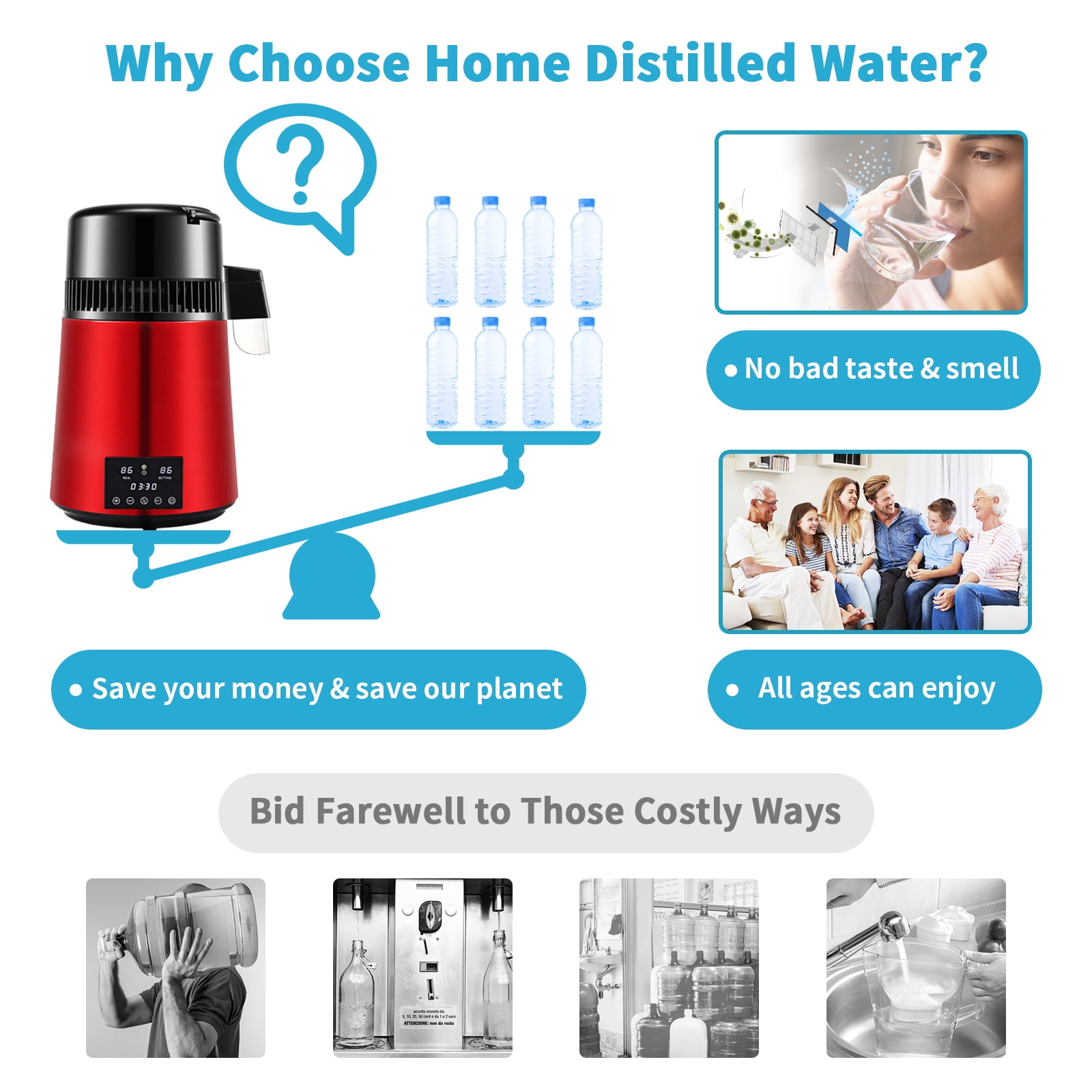 KFFKFF Water Purification System, 1.1Gal Capacity, 0.3Gal/Hour, 750W, Timer 0-99H, Dual Temperature Indicator, Made of 304 Stainless Steel, Glass Jug, Cleaning Agent, and Carbon Filters, Red