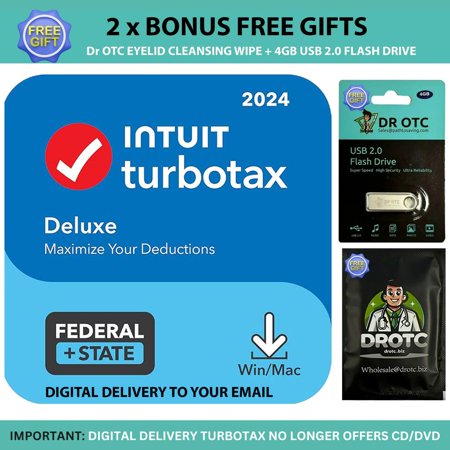 [New Version] TurboTax Deluxe 2024 Tax Software - Federal & State Tax Return [PC/MAC Download] - Brand New - BONUS FREE Dr OTC Eyelid Cleansing Wipe + FREE Dr OTC USB Drive 4GB