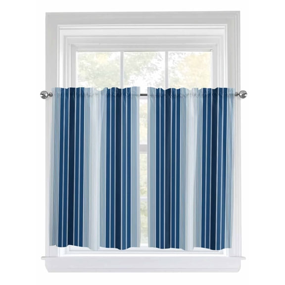 Navy Blue Stripe Kitchen Curtains 54 Inches length, Modern Blue Ombre Vertical Striped Window Treatment Curtain Drapes, Thermal Insulated Drapes for Basement Hotel RV, 42"x54", 2 Panels
