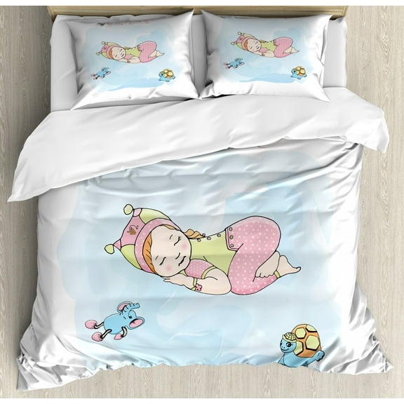 Sweet Dreams Queen Size Duvet Cover Set, Girl Sleeping with Her Toys Teddy Tortoise and Elephant Cartoon Illustration, Decorative 3 Piece Bedding Set with 2 Pillow Shams, Multicolor, by Ambesonne