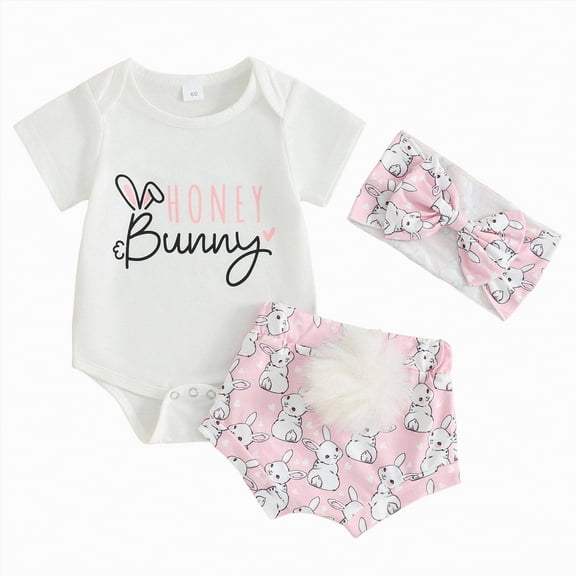 mgoYE Baby Girls Clothes Infant Baby Girl Easter Outfits Short Sleeve Romper Bunny Onesie   Pompom Shorts Bloomers   Headband 3Pcs(Pink,12-18 Months)