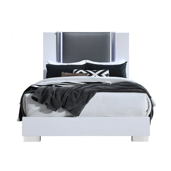 Global Furniture USA Modern Ylime Smooth White Queen Bed With Led Fully Slatted, White