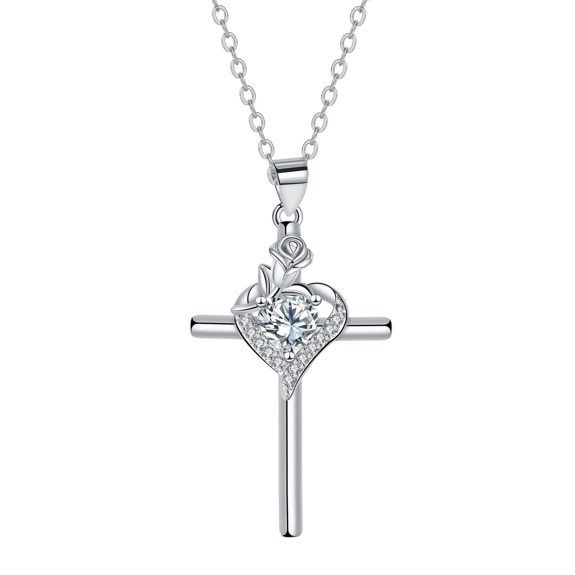 RYNSITO Cross Necklace for Women, 925 Sterling Silver Birthstone Necklace with Rose Flower, Faith Jewelry Gifts for Women Mother Wife Her