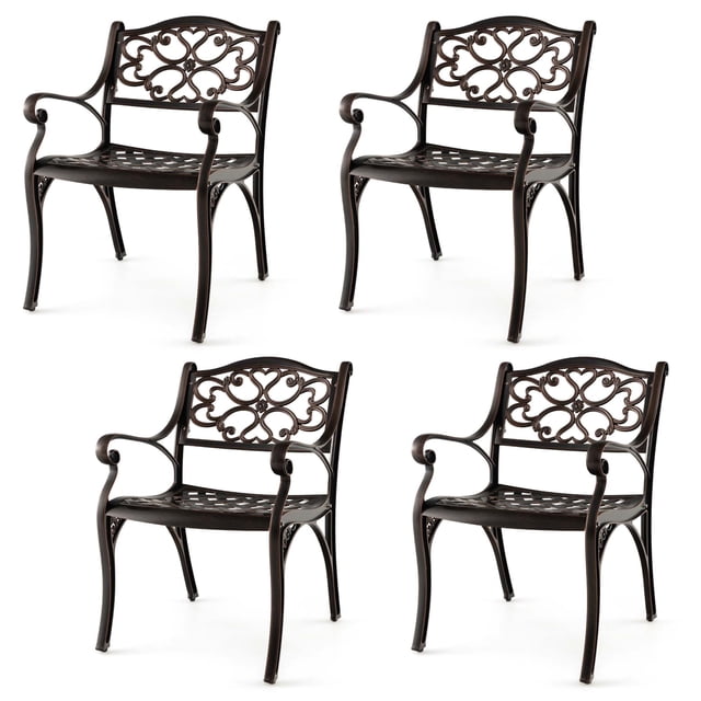 Costway 4 PCS Cast Aluminum Patio Chairs Set of 4 Outdoor Dining with Armrests & Curved Seats Bronze