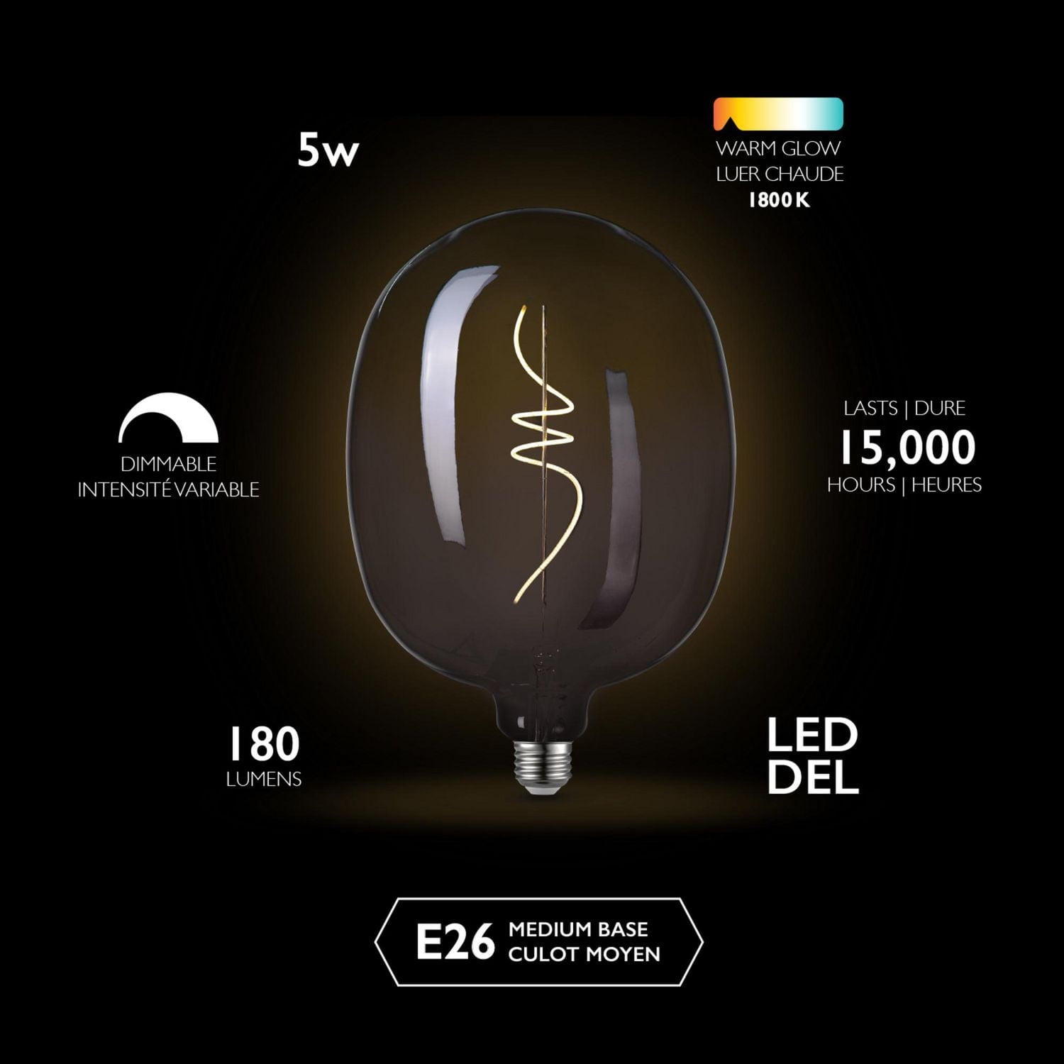 Ampoule à DEL de luxe surdimensionnée en verre fumé au style Edison Luxe, 5 W (équivalant à 25 W), verre fumé en dégradé, forme ovale, culot E26, 1 800 K, 180 lm, durée d