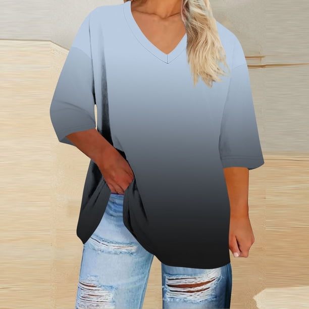 Heisall Womens Tshirts 3/4 Sleeve V-Neck Plus Size Loose Casual Print Daily Wear Fashion