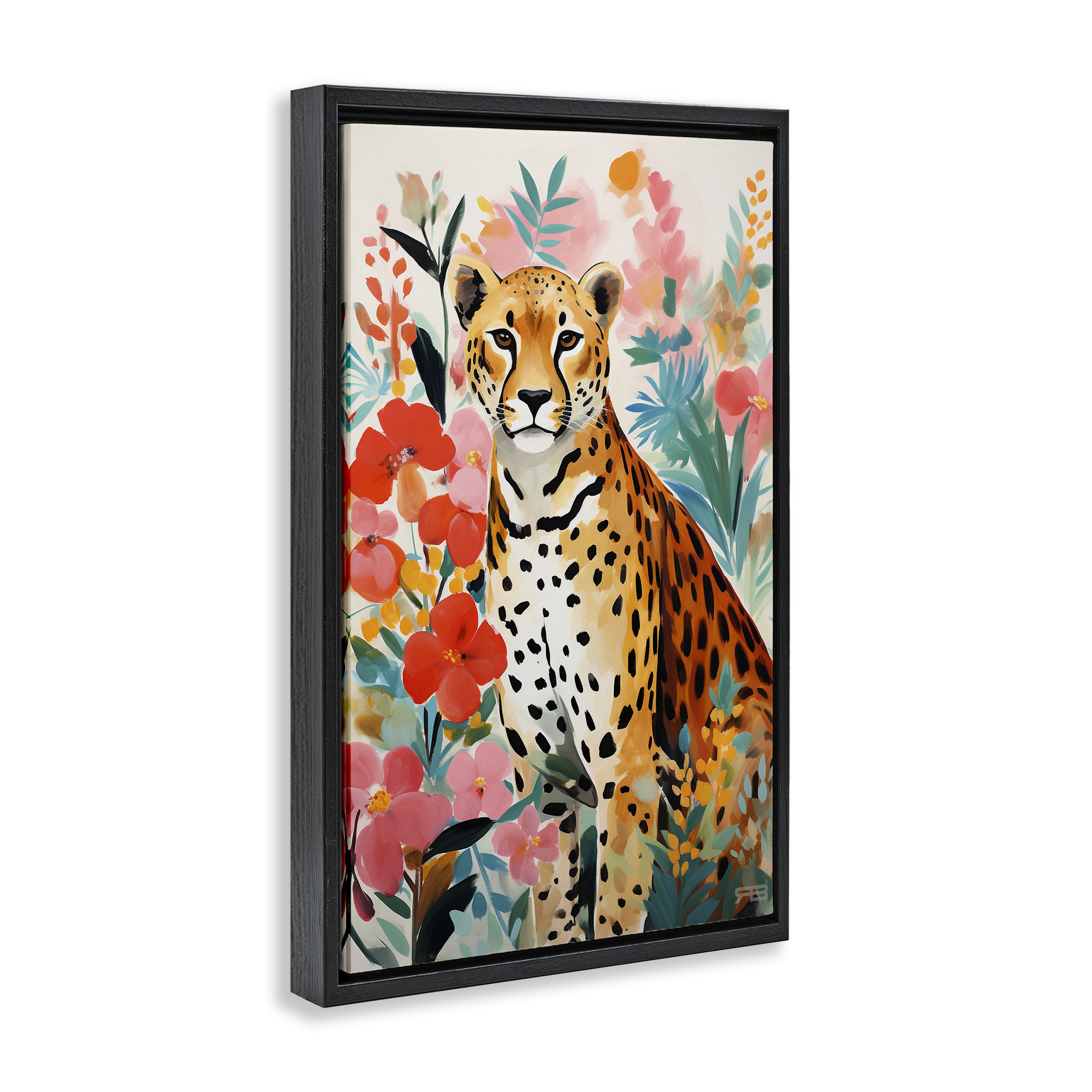 Stupell Industries Floral Adorned Leopard Animals & Insects Painting Black Floater Framed Canvas Art Print Wall Art, 21 x 31