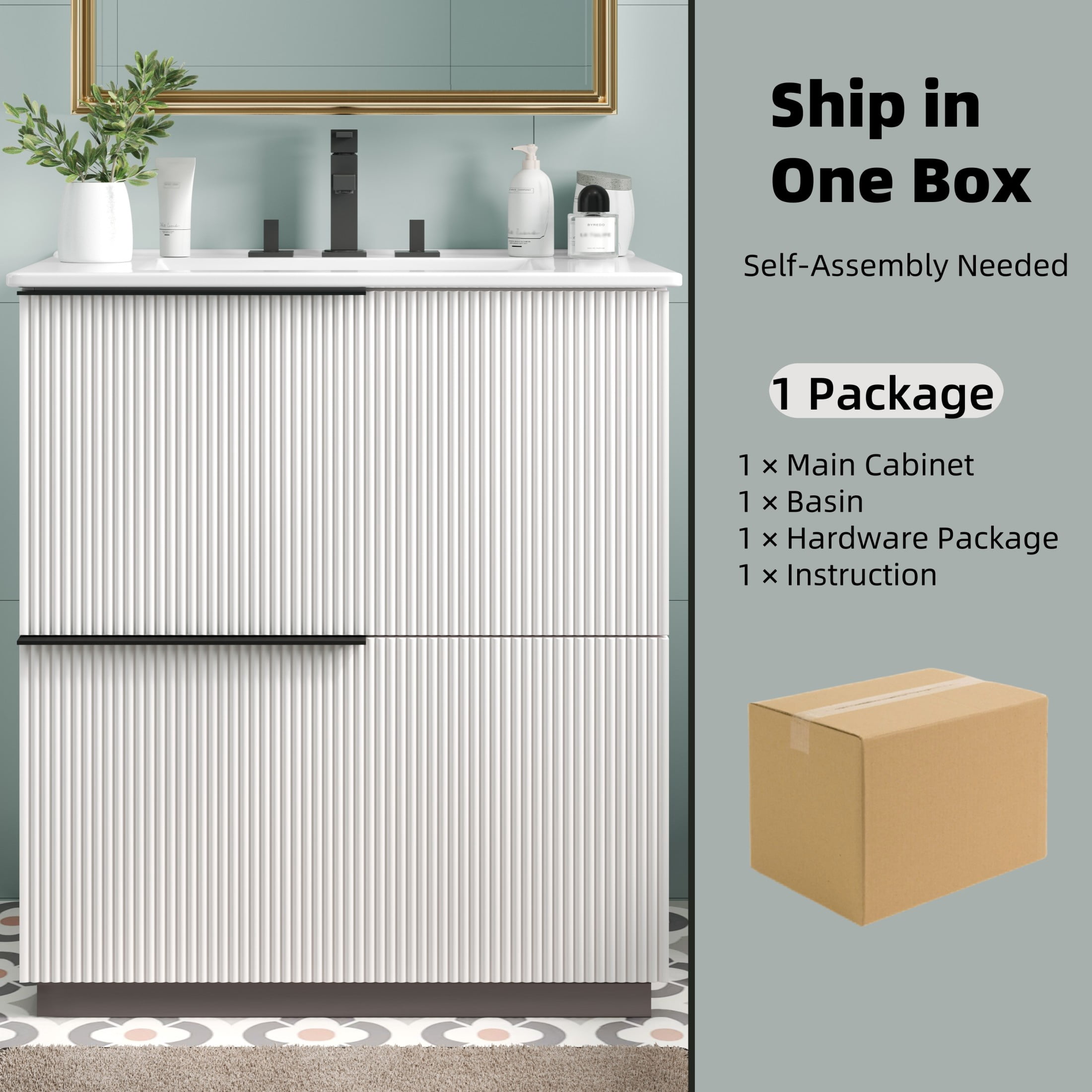 Christopher Knight Home 30" Bathroom Vanity with Ceramic Sink and Soft Close Drawers, Fluted Design, White