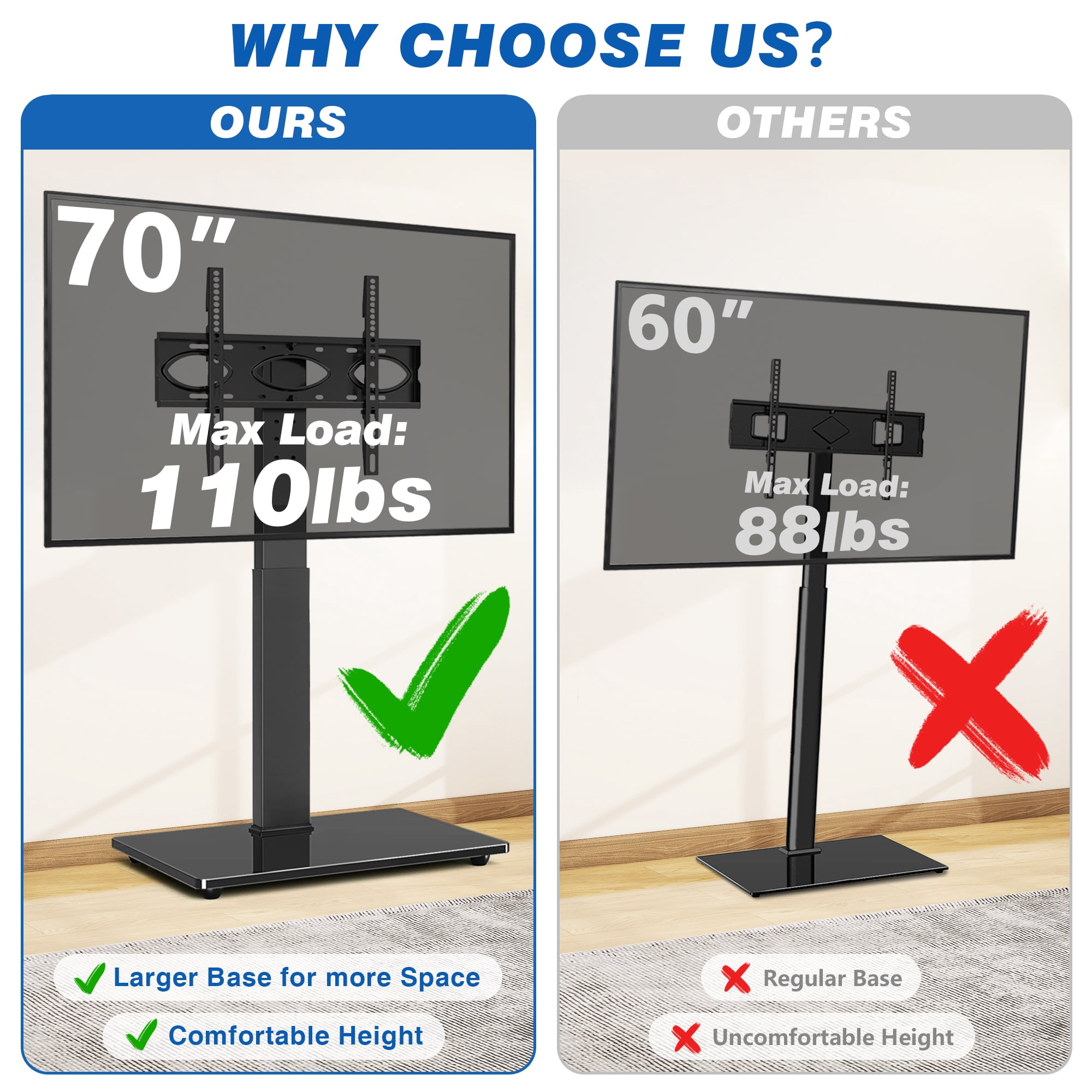 RTVR Swivel Floor TV Mount Stand for 32 to 75 inch Flat Screens up to 110 lbs,  Modern Adjustable TV Stand Pole, Max VESA 400x400mm