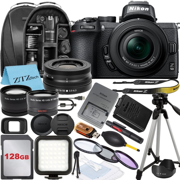 Nikon Z50 Mirrorless Camera with NIKKOR Z DX 16-50mm VR Zoom Lens, SanDisk 128GB Memory Card, Backpack, Flash, Tripod and ZeeTech Accessory Bundle (International Version)