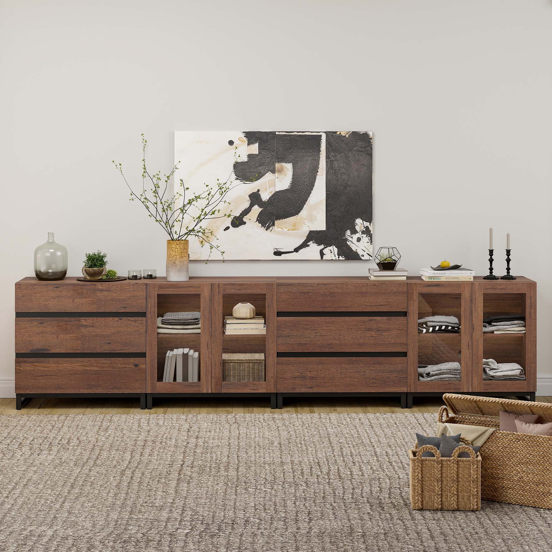 4 In 1 Modern Dresser with Glass Doors & 6 Drawers, Chest of Drawers with Adjustable Shelves, Multi-purpose Bedroom Closet Organizer Storage Cabinet,Brown