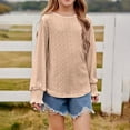 thumbnail image 3 of Efsteb Girls Long Sleeve Shirts Round Neck Cuffs Shrink Long Sleeved Pullover Top Casual Comfy Cute Tops Solid Color Loose Fashion Blouses (Beige,5 Years), 3 of 9