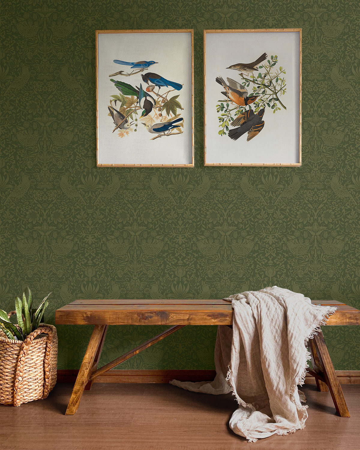NextWall Moss Green Tonal Bird Garden Peel and Stick Wallpaper