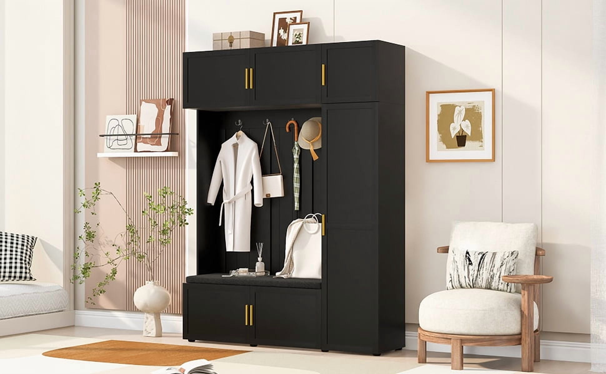 Mintazer All‑in‑One Hall Tree with Cushioned Shoe Bench & Hooks, Entryway Storage Organizer with Cabinets & Open Shelves for Mudroom Hallway, Black