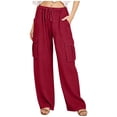 thumbnail image 2 of Danhjin Linen Cargo Pants For Women Spring Summer Casual Elastic Waisted Drawstring Loose Straight Leg Comfy Pants Stretch Pants With Pockets, 2 of 6