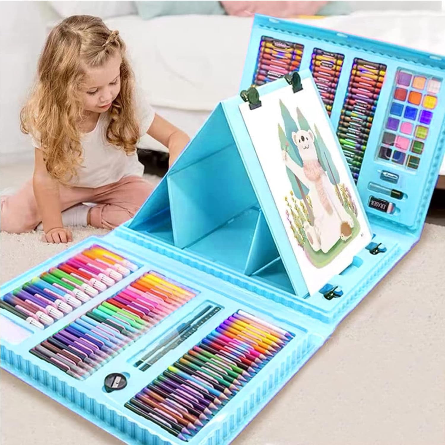 208 Pieces Art Supplies, Drawing Sets for Kids 8-12, Deluxe Artist Drawing & Painting Set with Double Sided Trifold Easel, Oil Pastels, Crayons, Colored Pencils, Christmas Gift for Kids Teens,Blue