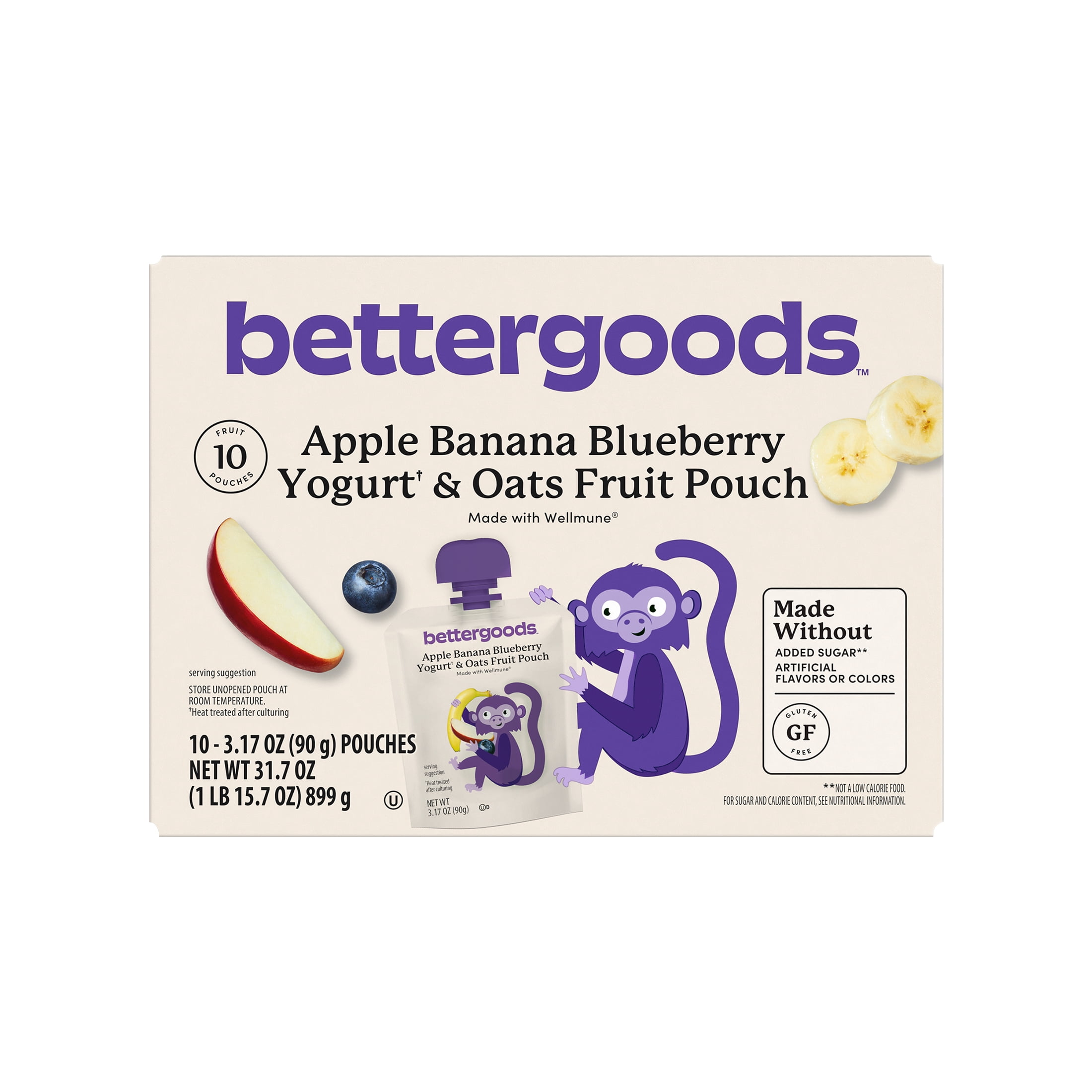 (3 pack) bettergoods Apple Banana Blueberry Yogurt & Oats Fruit Applesauce Pouches, 3.17 oz, 10 Count