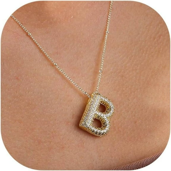 Bubble Letter Necklace Gold For Women Dainty Balloon Initial Cubic Zirconia Necklaces 14K Gold Plated Alphabet Pendant Necklace Personalized Jewelry Gift[o593]