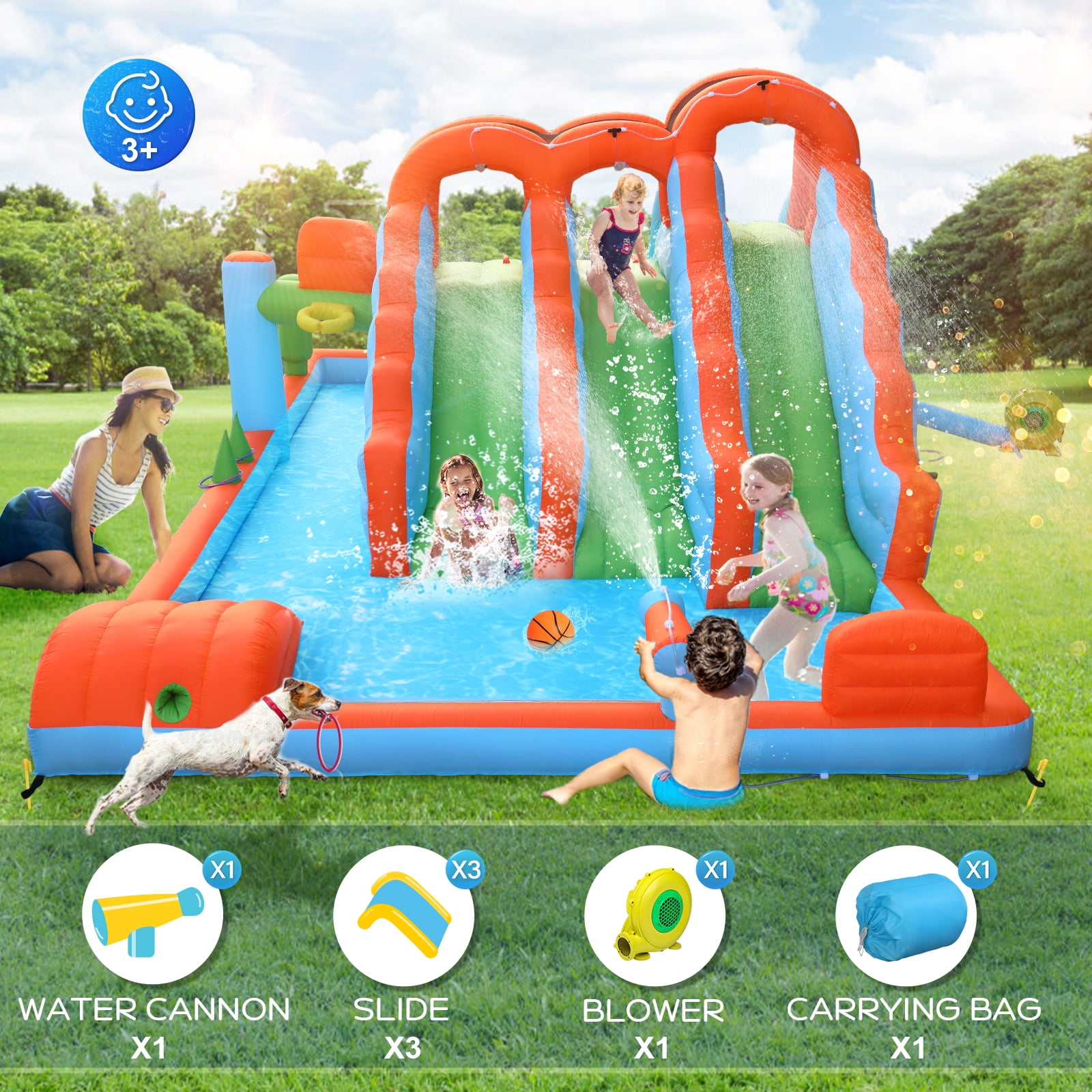 Ktaxon Inflatable Bounce House with Triple Slides and Upgraded Climbing Wall, Water Slide Bounce House with Blower, Inflatable Water Slide Park for Party, Backyard, Lawn
