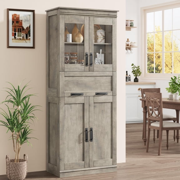 GOCAPTAIN 67" Tall Storage Cabinet Bathroom Storage Cabinet – Freestanding 4-Door Organizer with Turnover Glass Drawer & Adjustable Shelves – Storage for Kitchen, Living Room – Gray, Double Row