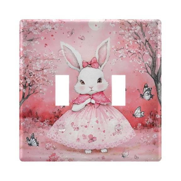 Dailycode Light Switch Plate Covers 2 Gang Wall Plate Plastics Outlet Covers for Kitchen Home Office Decor Bunny in Pink Dress and Butterfly