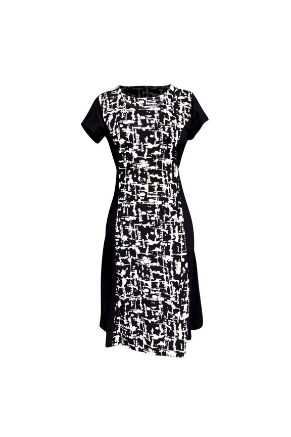 Elegant Black and Multi Print Short Sleeve Loose Mini Shift Dress