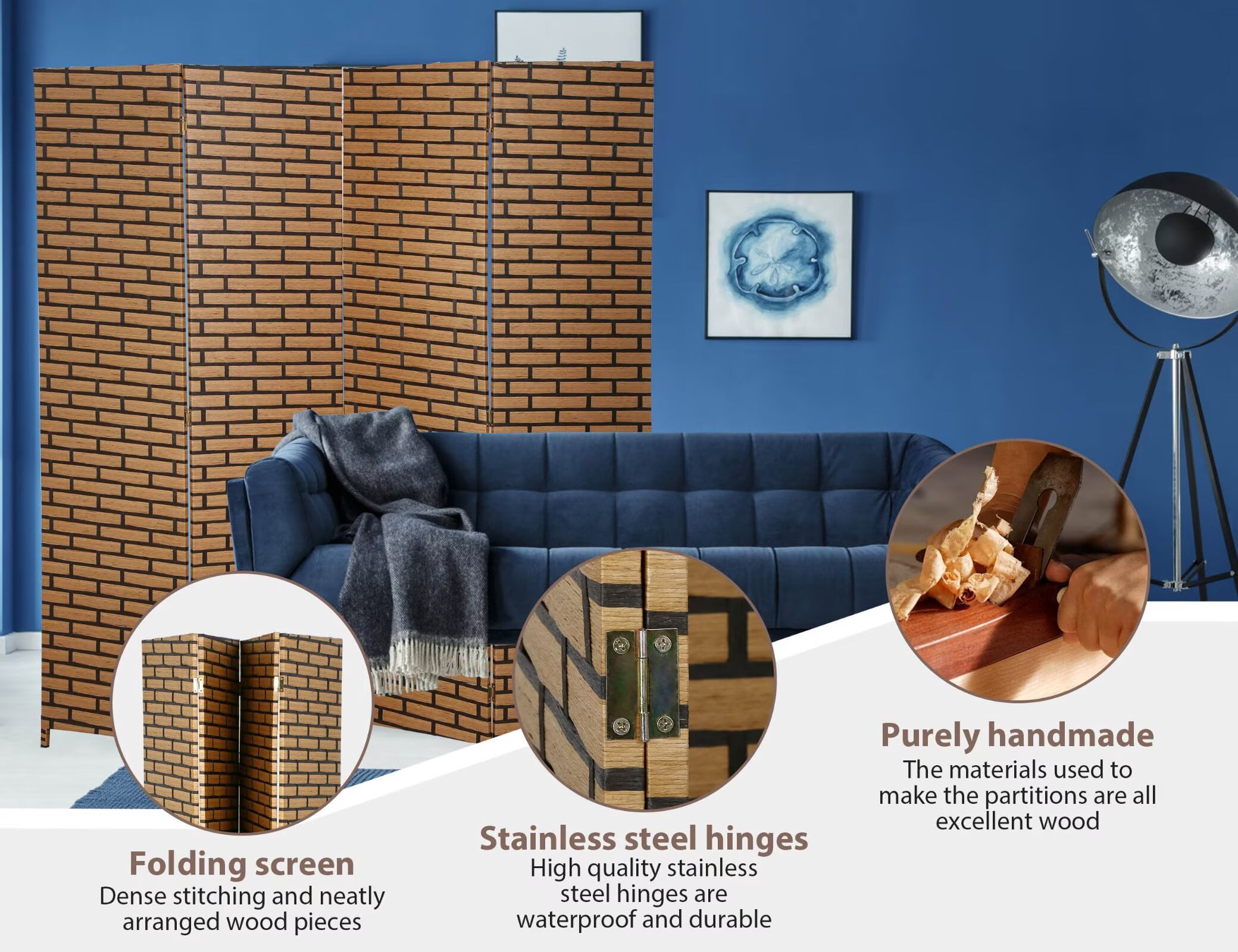 YRLLENSDAN,4 Panels,Room Divider Panel,Wall Divider for Room Separation,Privacy Screen Indoor,Foldable,Portable,Wooden,Independent Type,Brick