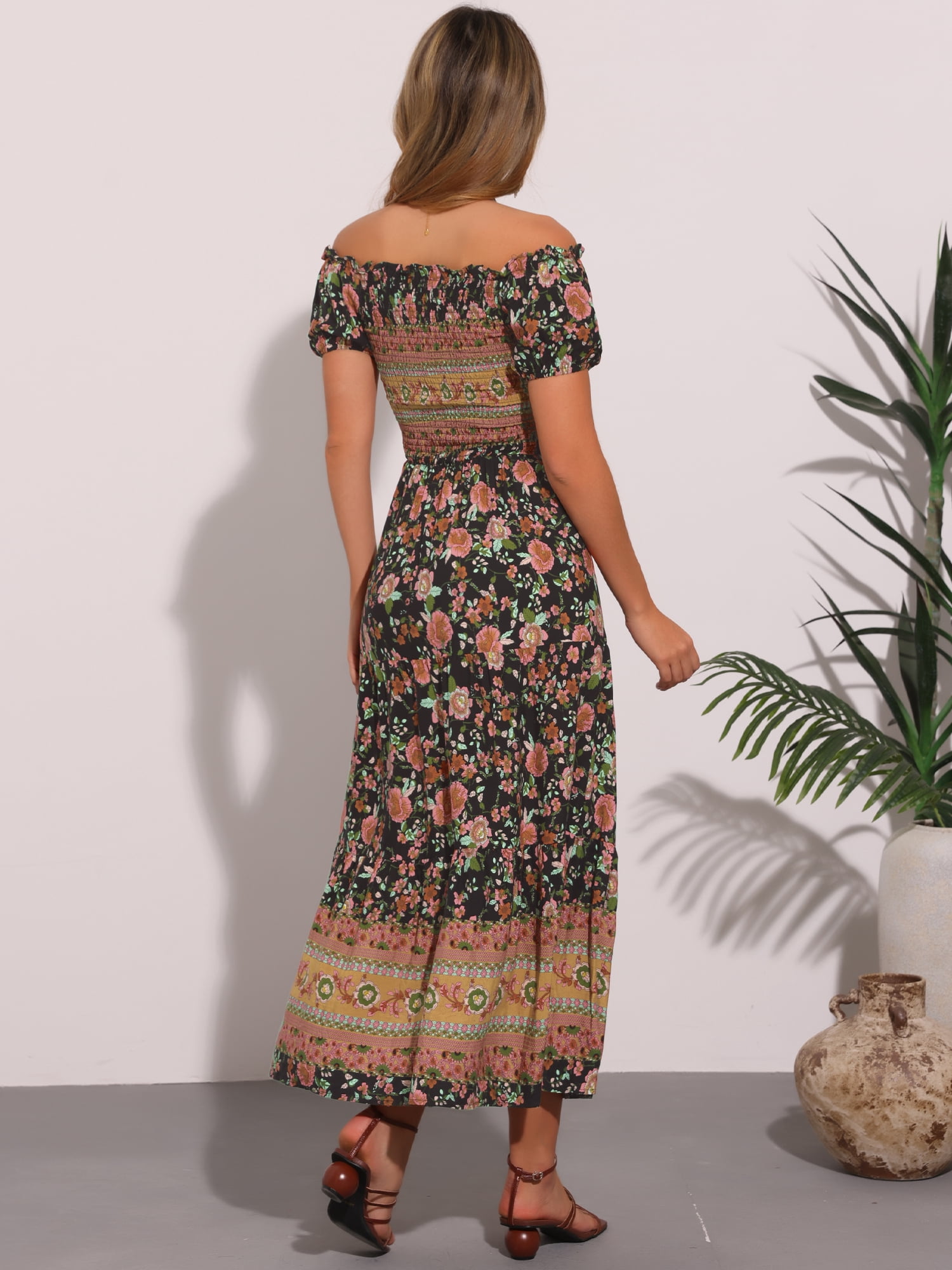 DARING DIVA Women's Boho Floral Square Neck Smocked Back Midi Dresses M Black