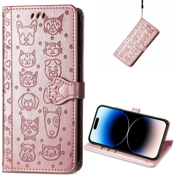 for iPhone 14 Pro Max PU Leather Flip Wallet Case, Cat Dog Cartoon Cute Style with ID Card Holder Phone Cover Case for Apple iPhone 14 Pro Max MG Rose Gold