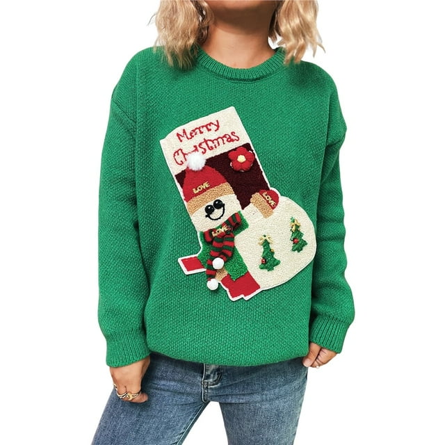 Suéteres Navideños Feos para Mujer, Suéteres Gráficos de Larga, Suéteres Casuales de Punto para Otoño e Invierno para Mujer Verde M