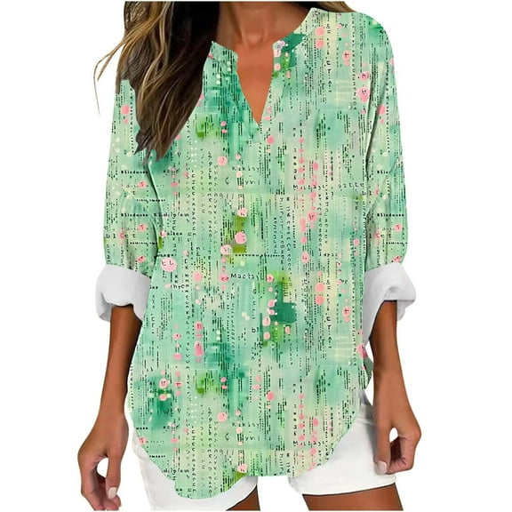 Fmbrln Womens Plus Size Trendy Boho Print Shirts Fall Fashion V Neck Button Long Sleeve Tops Casual Loose Comfy Blouse Green XL